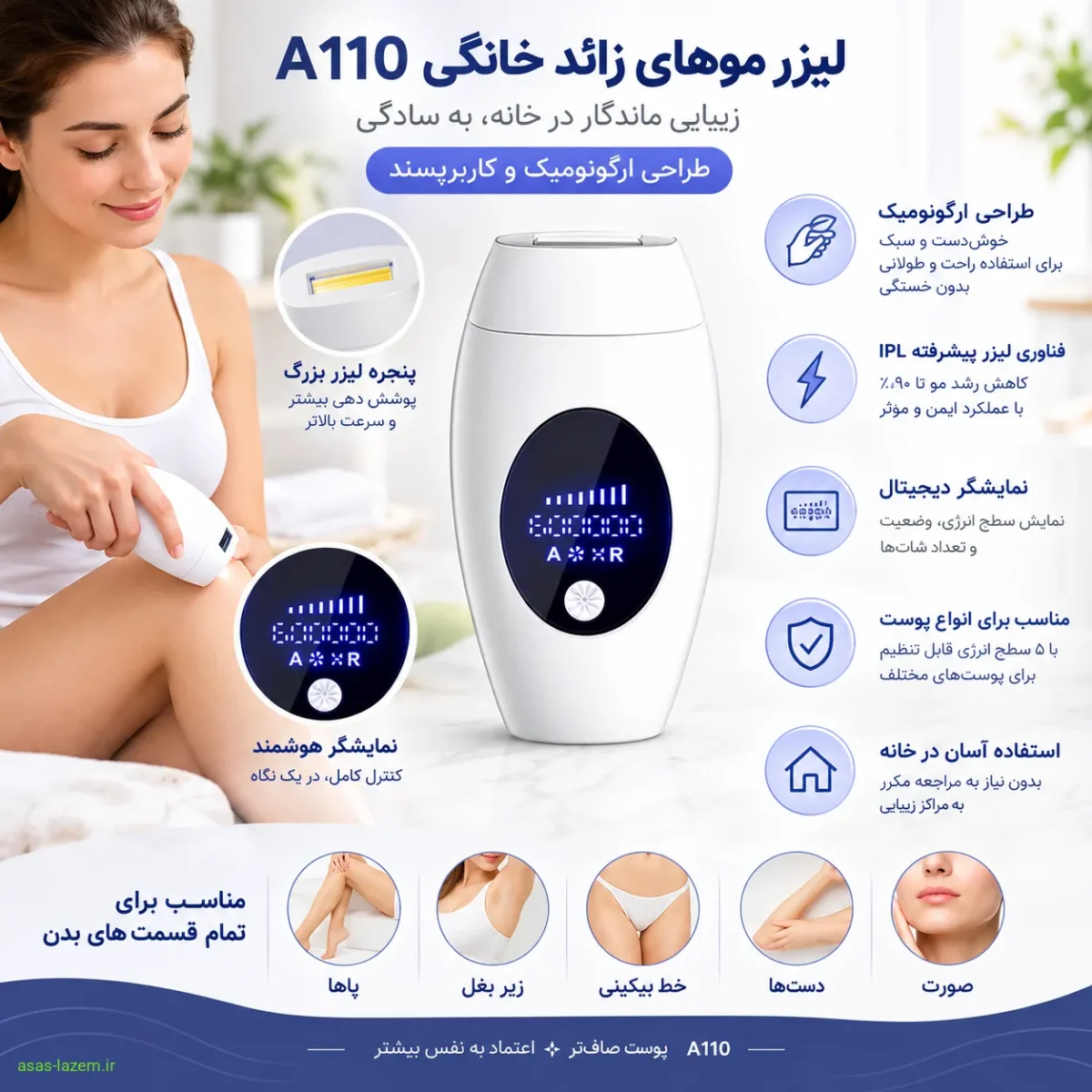 طراحی ارگونومیک و کاربرپسند لیزر موهای زائد خانگی A110