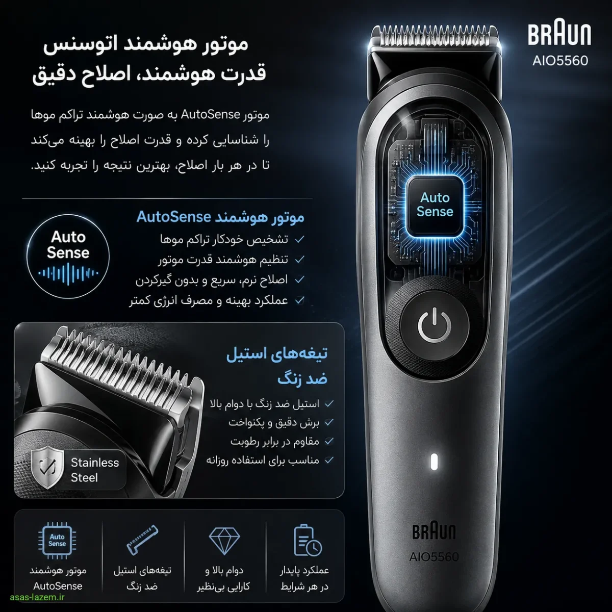 موتور هوشمند اتوسنس و تیغه های استیل ضد زنگ براون AIO5560