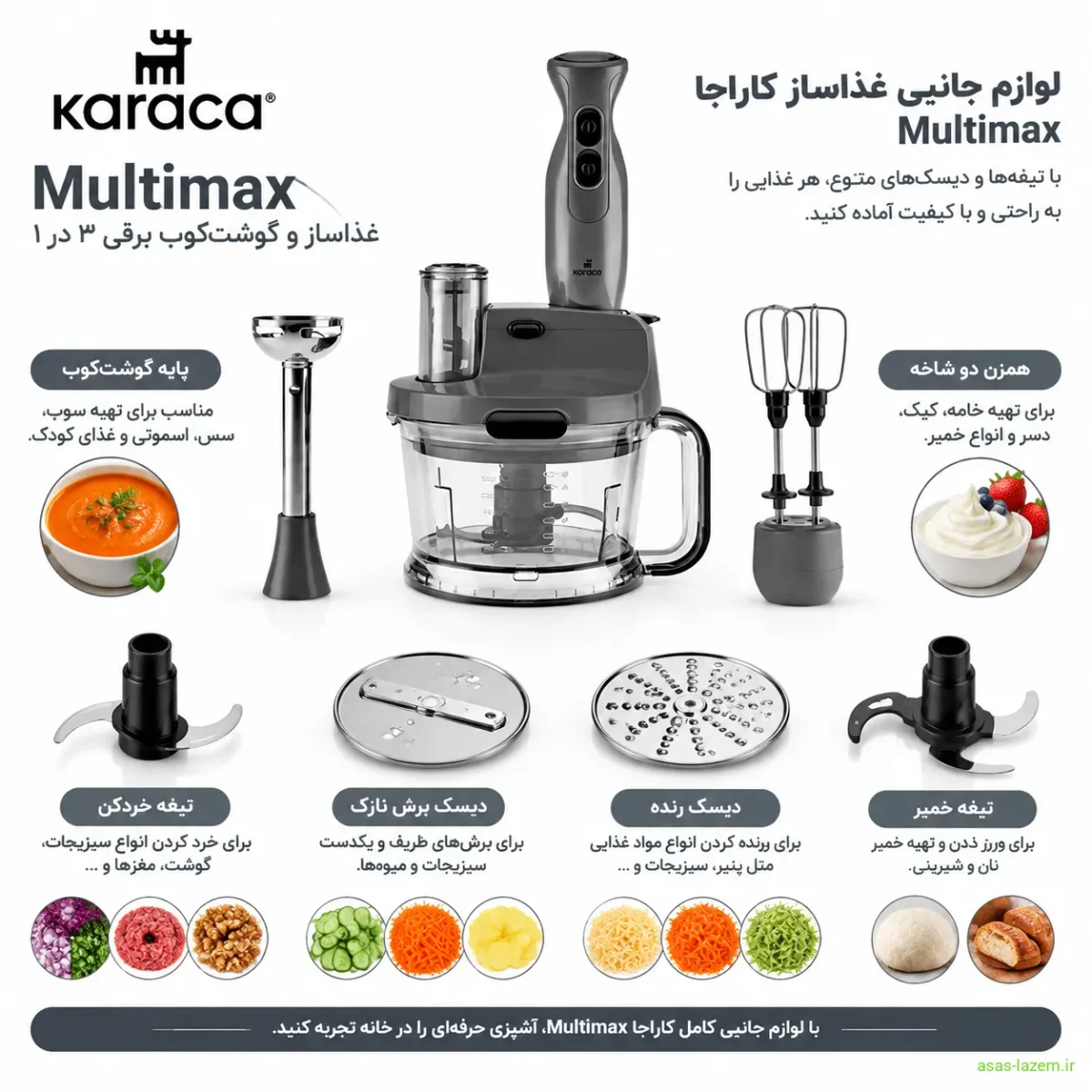 لوازم جانبی غذاساز کاراجا Multimax شامل تیغه‌ها و دیسک‌ها