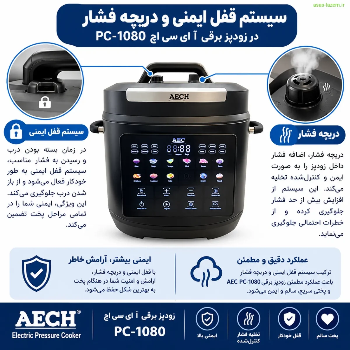 سیستم قفل ایمنی و دریچه فشار زودپز برقی آ ای سی اچ PC-1080