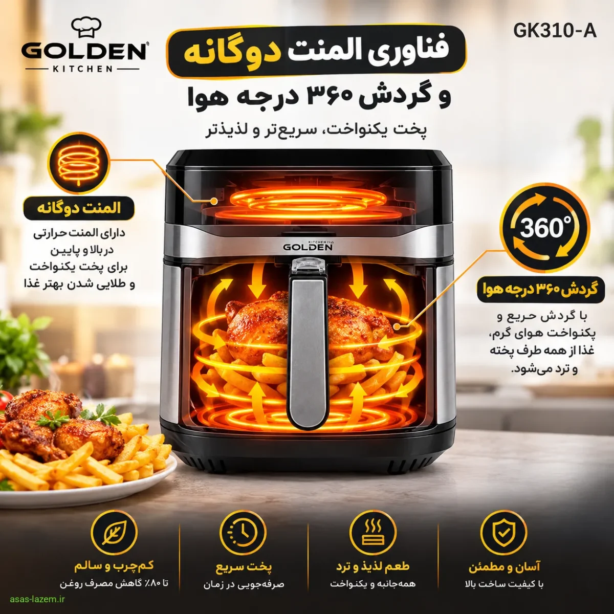 فناوری المنت دوگانه و گردش ۳۶۰ درجه هواپز گلدن کیچن GK310-A