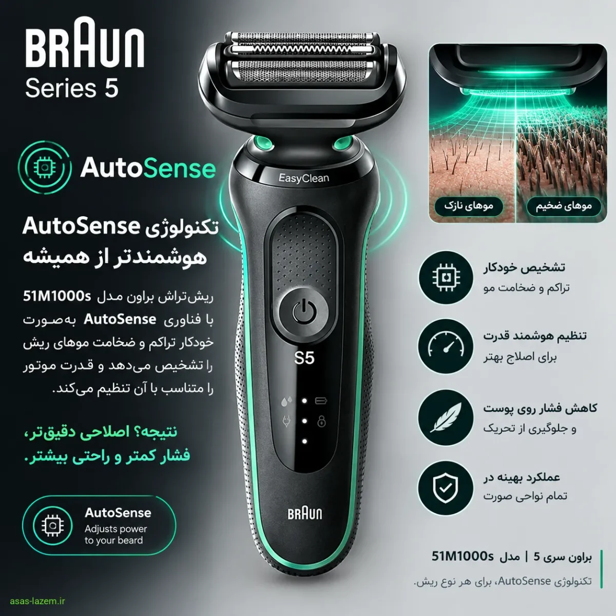 تکنولوژی AutoSense در ریش‌تراش براون مدل 51M1000s