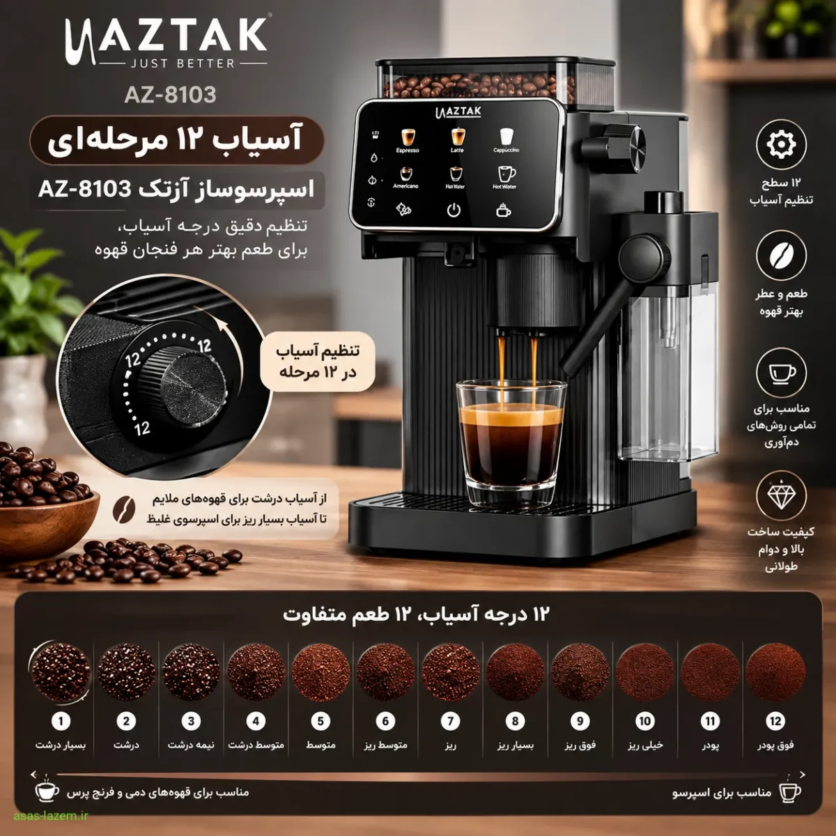 آسیاب ۱۲ مرحله‌ای اسپرسوساز آزتک AZ-8103