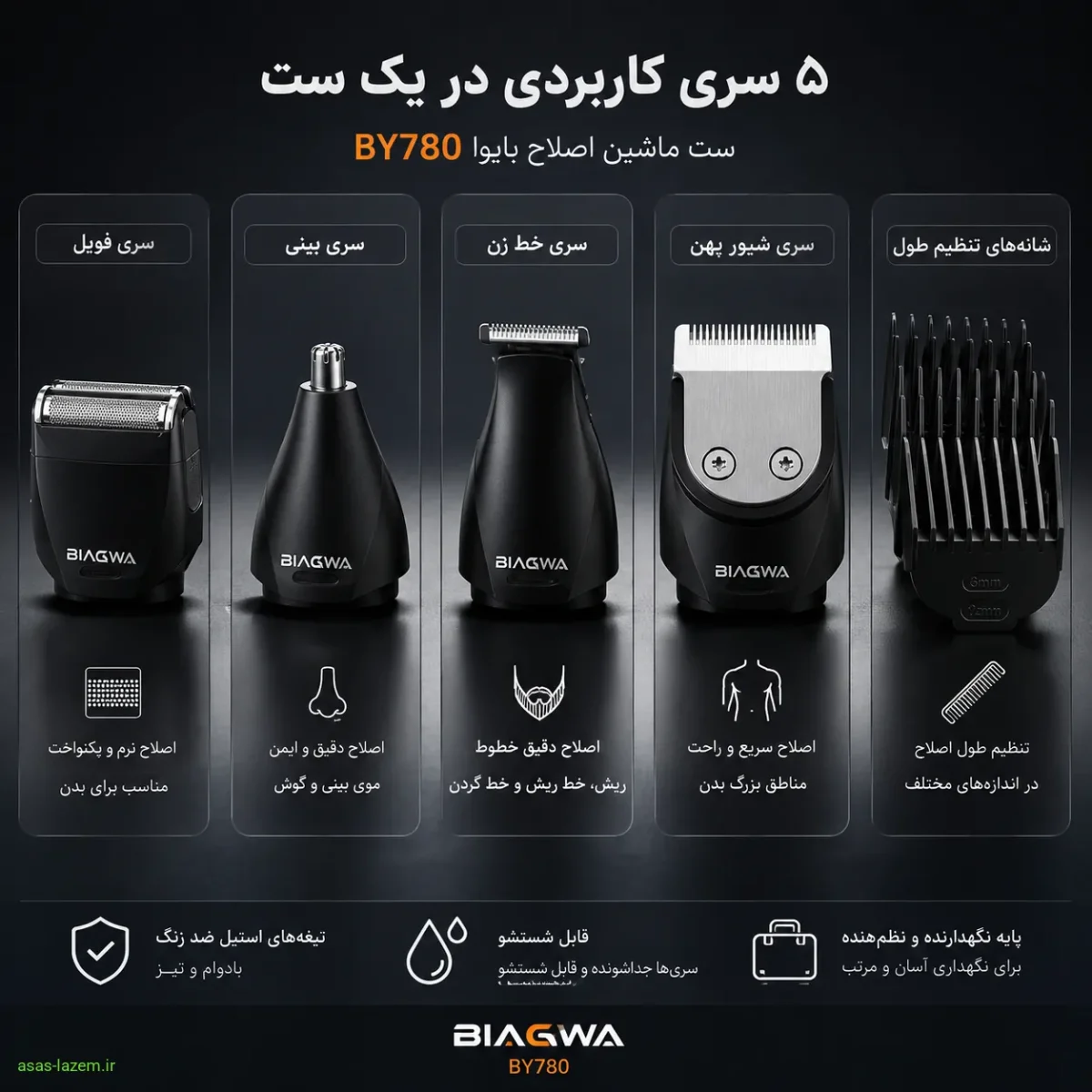 نمایش هر پنج سری مختلف ست ماشین اصلاح بایوا BY780 شامل سری فویل، بینی، خط زن، شیور پهن و شانه‌ها