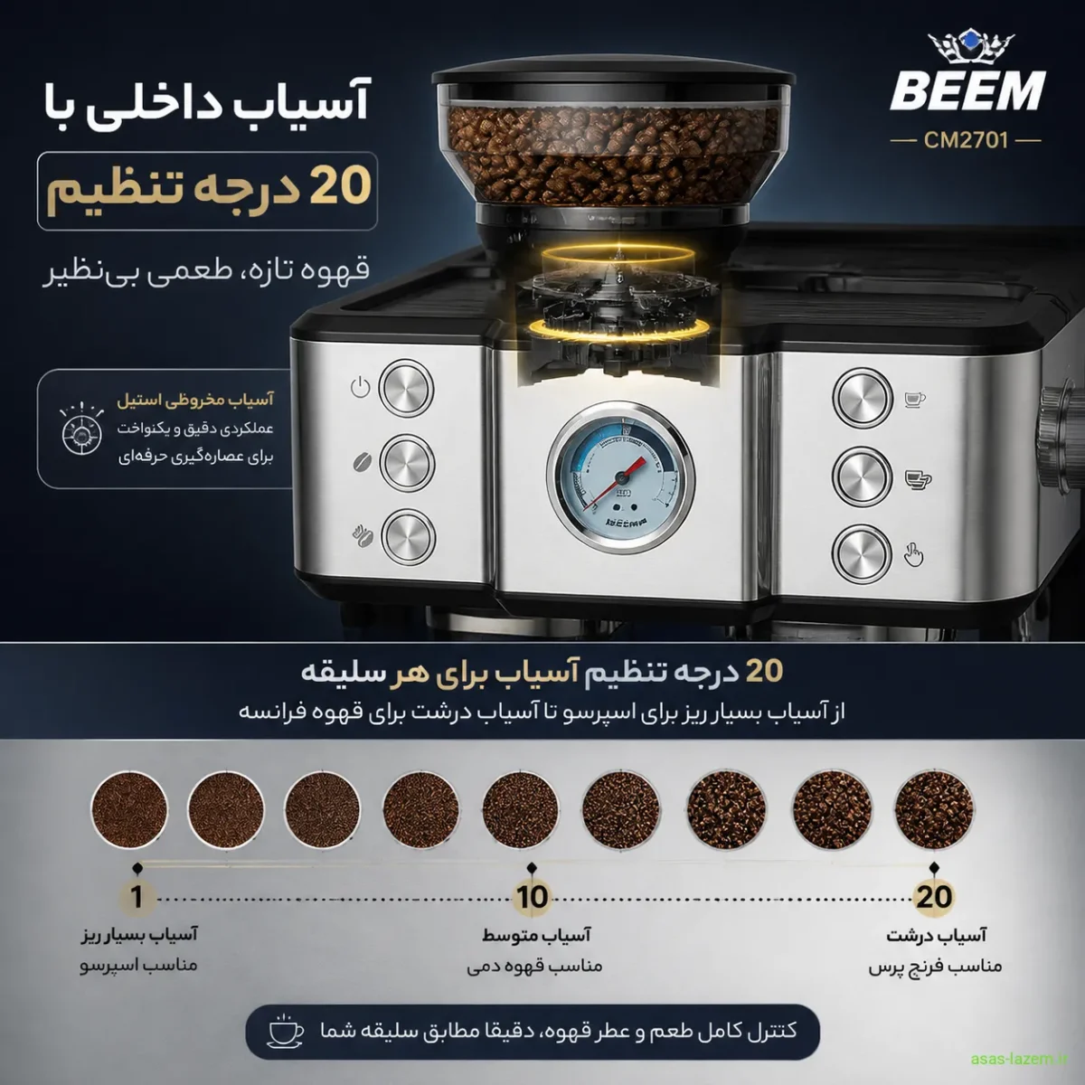 آسیاب داخلی با ۲۰ درجه تنظیم در قهوه‌ساز بیم CM2701