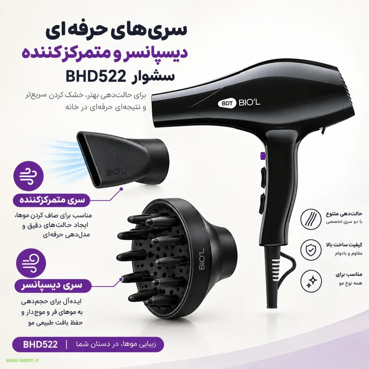 لوازم جانبی سشوار حرفهای BHD522 تصویر سری های دیسپانسر و متمرکزکننده سشوار BHD522