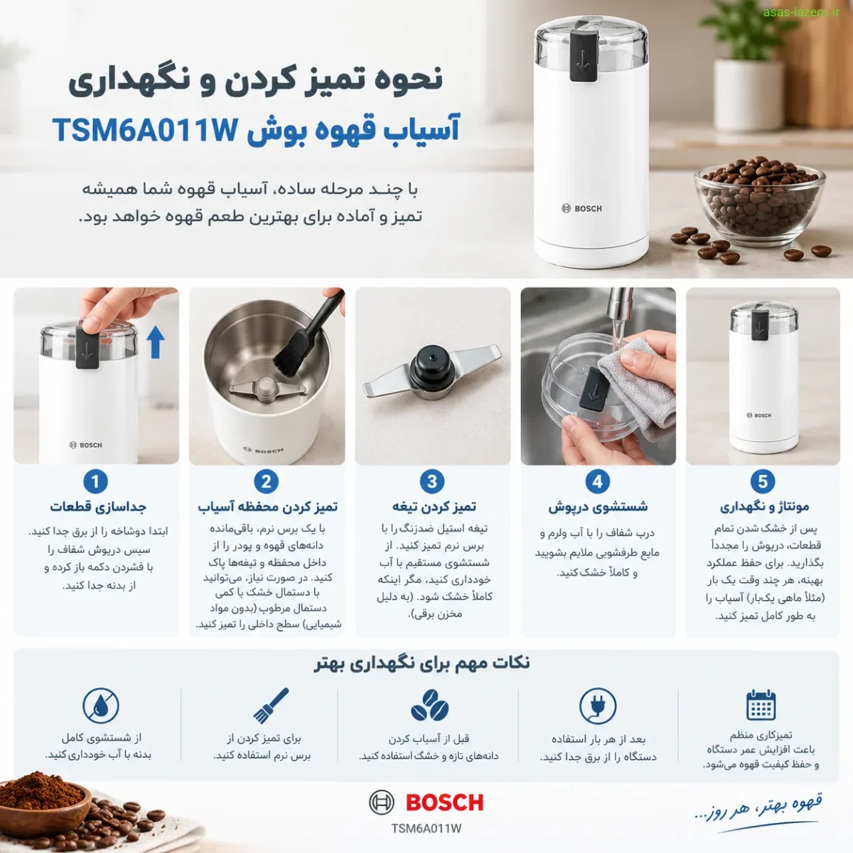 نحوه تمیز کردن و نگهداری آسیاب قهوه بوش TSM6A011W