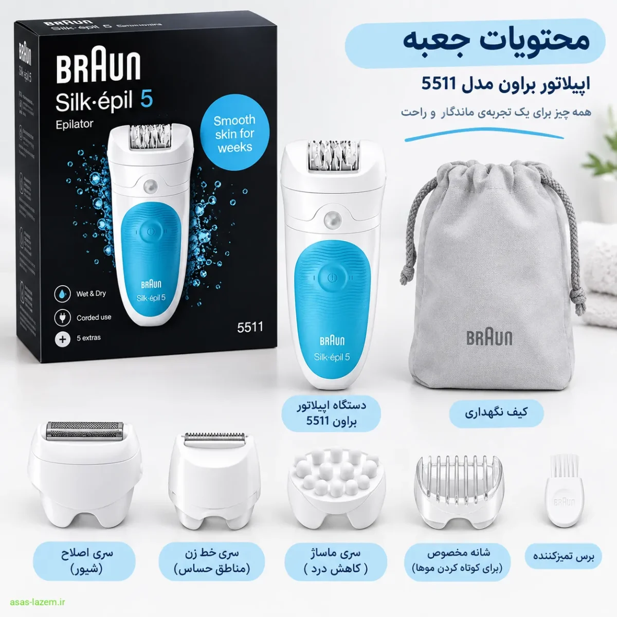 محتویات جعبه اپیلاتور براون 5511 شامل دستگاه، سری‌ها و کیف نگهداری