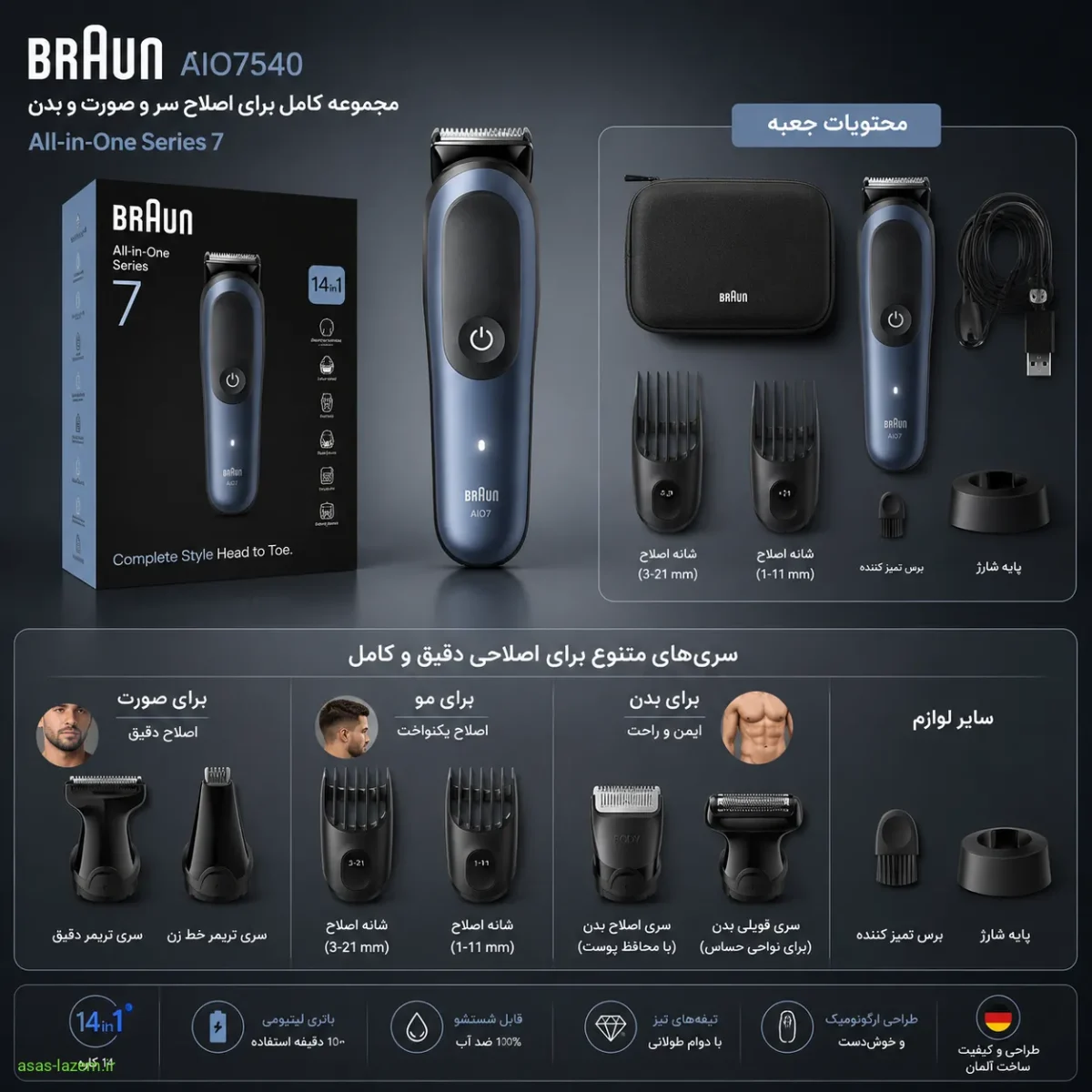 محتویات جعبه و سری‌های متنوع ماشین اصلاح براون AIO7540