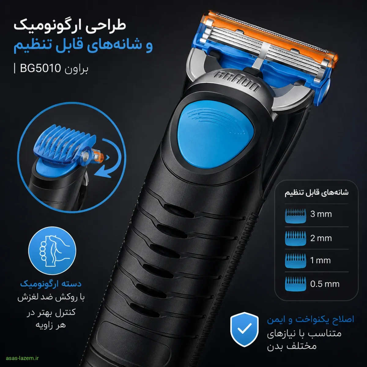 تصویر نمای نزدیک از طراحی ارگونومیک و شانه‌های قابل تنظیم ماشین اصلاح براون BG5010