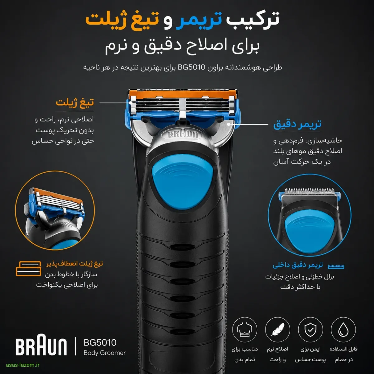 تصویر ترکیب تریمر و تیغ ژیلت در ماشین اصلاح براون BG5010 برای اصلاح دقیق و نرم
