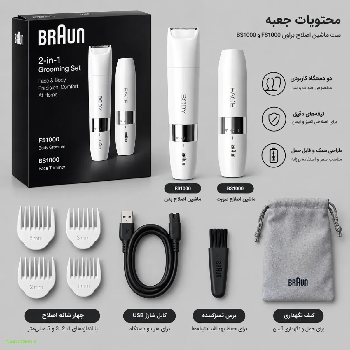 محتویات جعبه ست ماشین اصلاح براون FS1000 و BS1000 به همراه متعلقات