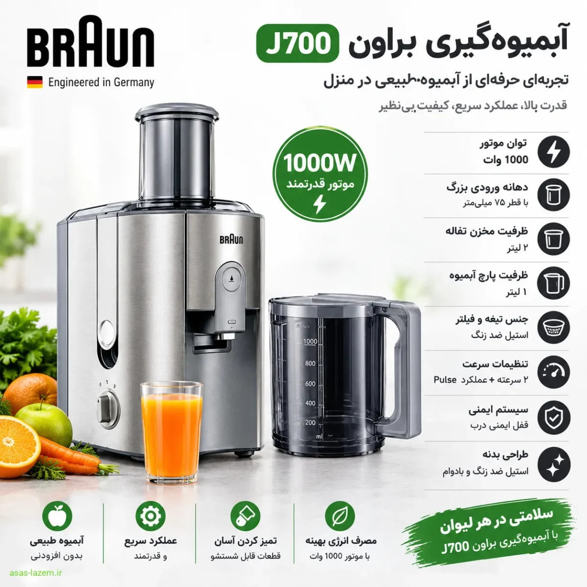 مشخصات فنی و موتور ۱۰۰۰ واتی آبمیوه گیری براون J700