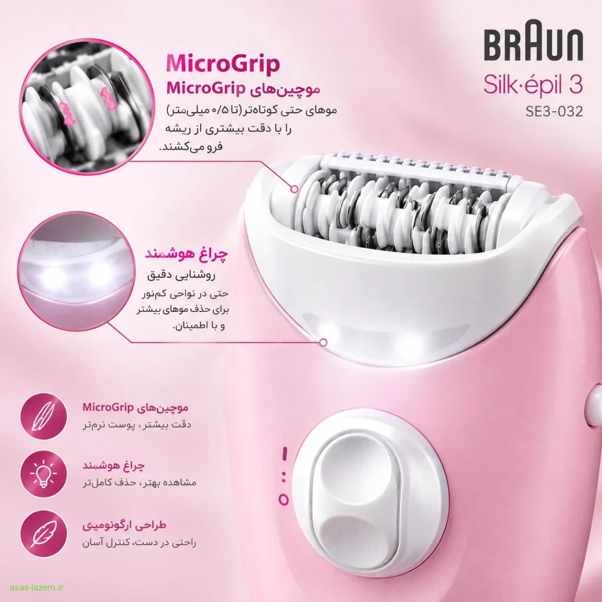 نمای نزدیک از موچین‌های MicroGrip و چراغ هوشمند اپیلاتور براون SE3-032