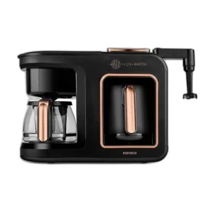 قهوهساز نیمهاتوماتیک کاراجا مدل Hatır Plus Barista 6 in 1 با توان 1385 وات، مخزن آب 750 میلیلیتر و قابلیت تهیه قهوه ترک، فرانسه، لاته و کاپوچینو و فومگیری شیر