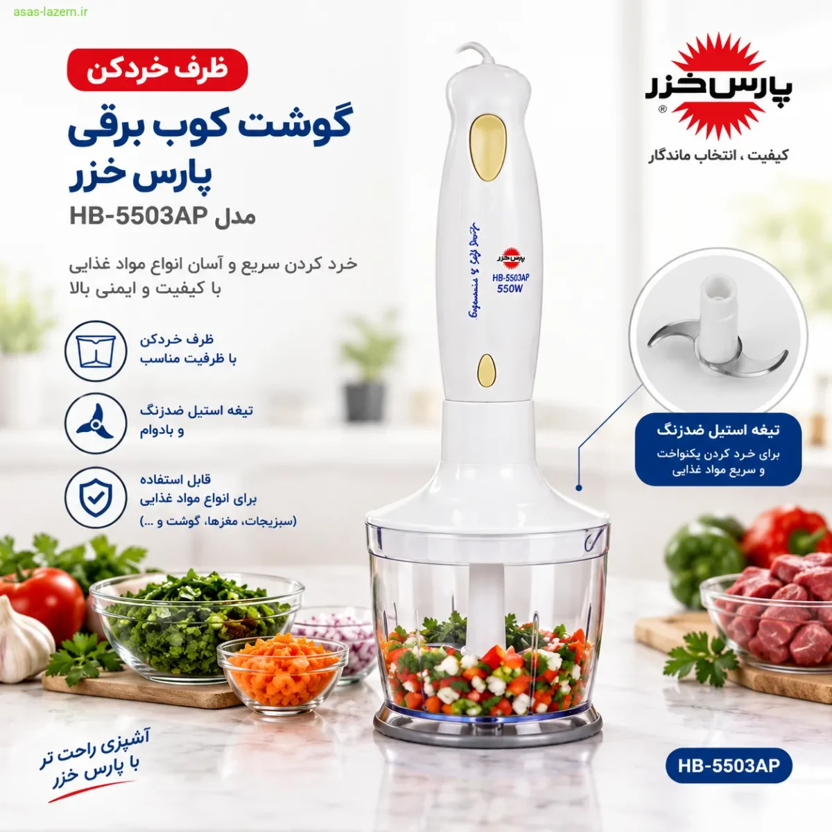 ظرف خردکن گوشت کوب برقی پارس خزر HB-5503AP