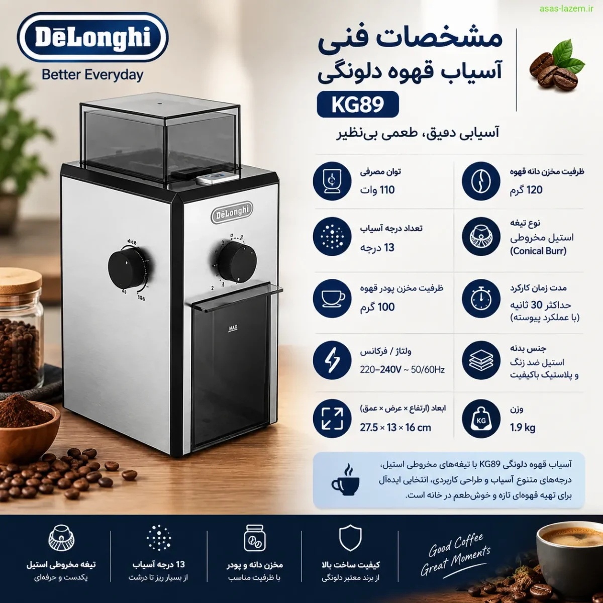 مشخصات فنی آسیاب قهوه دلونگی KG89