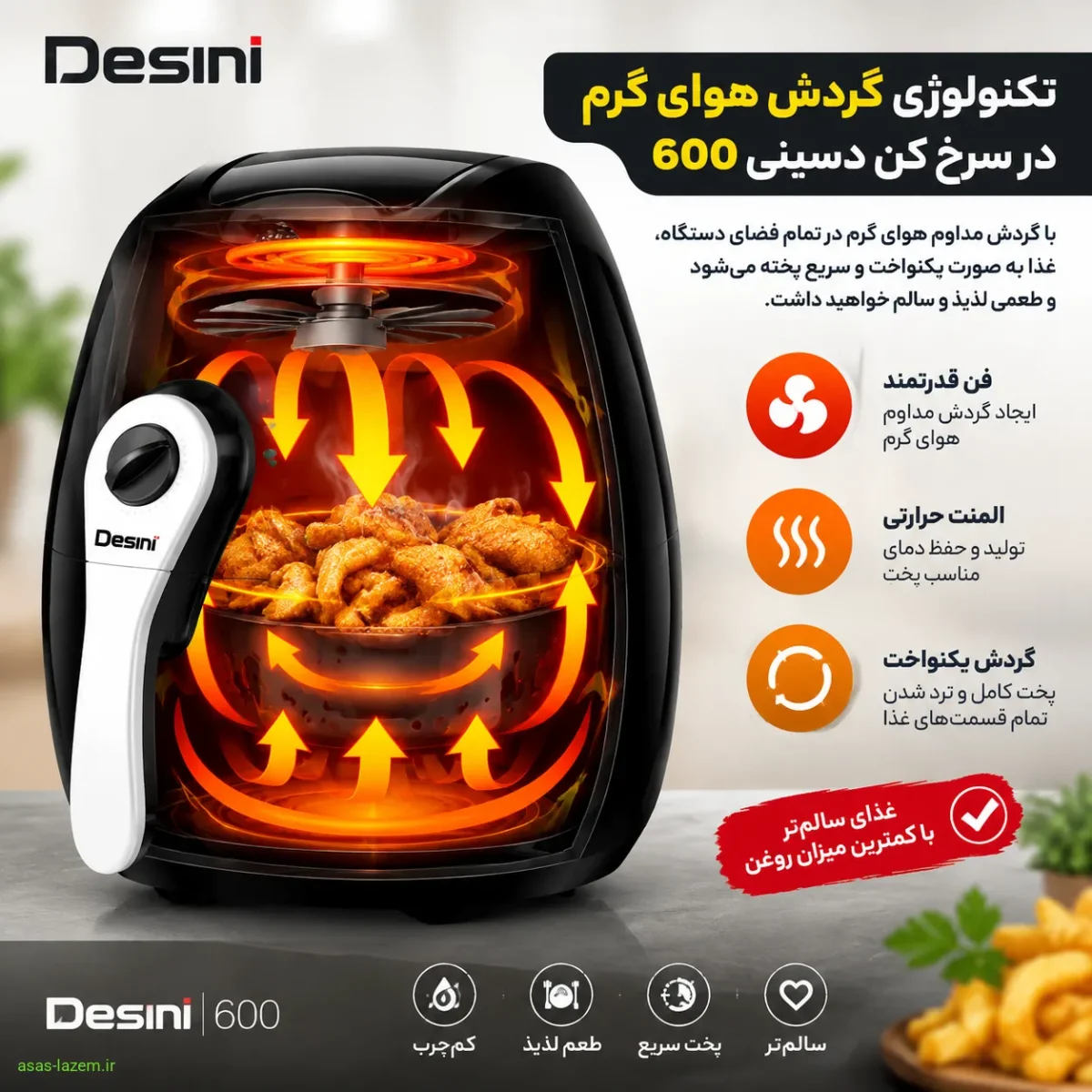 نحوه عملکرد سرخ کن بدون روغن دسینی 600 تکنولوژی گردش هوای گرم در سرخ کن دسینی 600