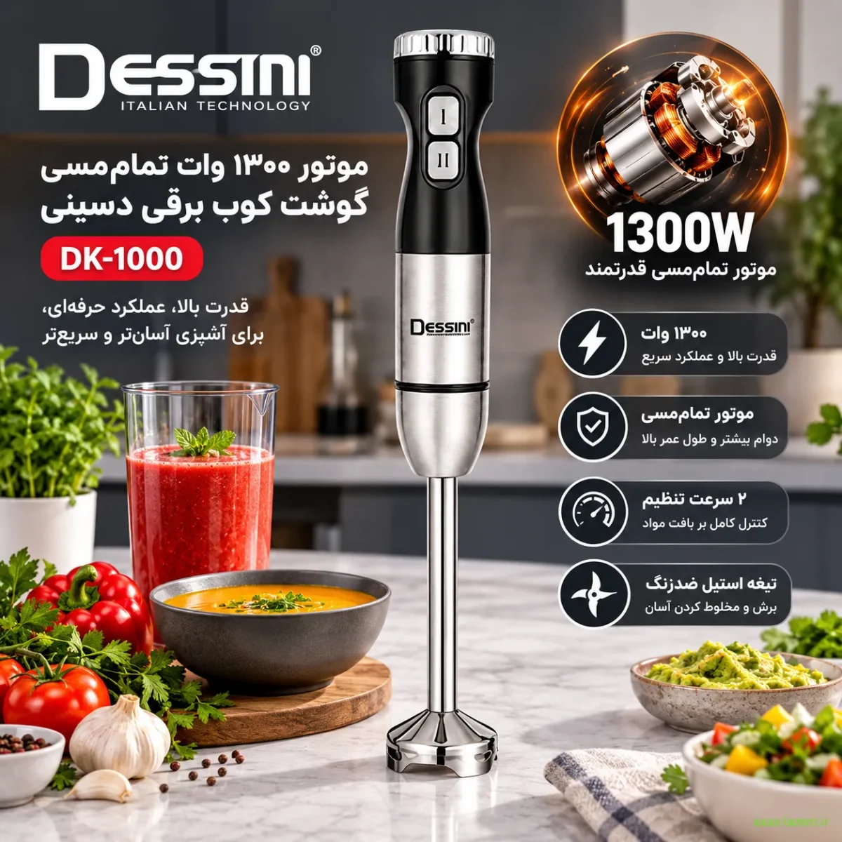 موتور ۱۳۰۰ وات تمام‌مسی گوشت کوب برقی دسینی DK-1000