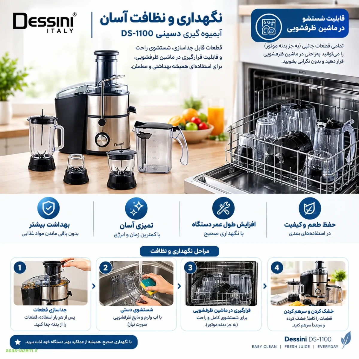 نگهداری و نظافت آبمیوه گیری دسینی DS-1100 و قابلیت شستشو در ماشین ظرفشویی