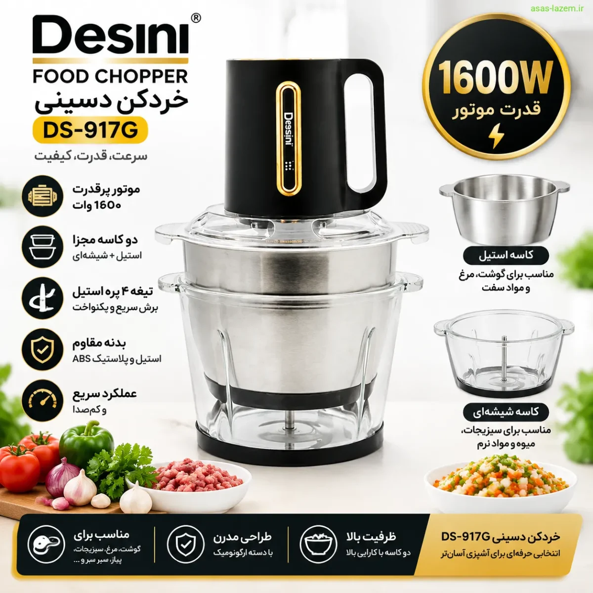 مشخصات فنی خردکن دسینی DS-917G با موتور 1600 وات و دو کاسه