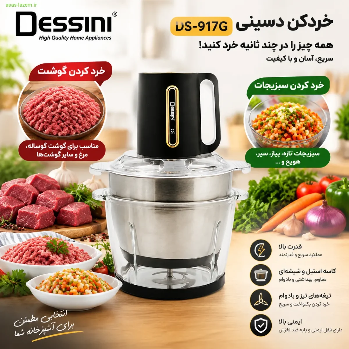 کاربردهای خردکن دسینی DS-917G برای خرد کردن گوشت و سبزیجات