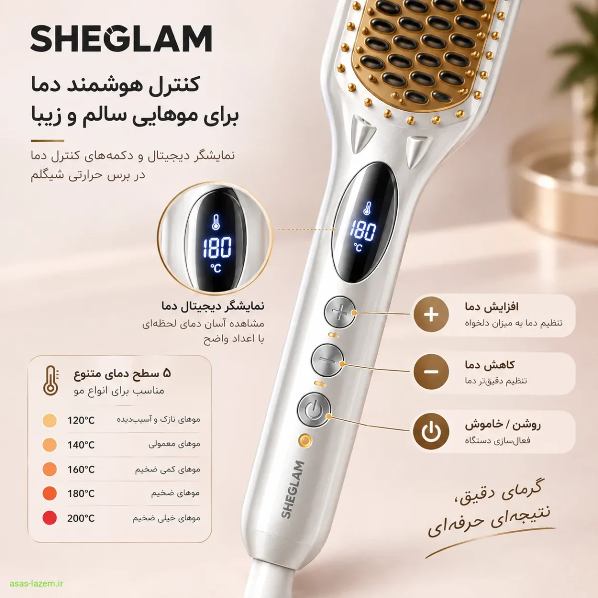 نمایشگر دیجیتال و دکمه‌های کنترل دما روی بدنه برس حرارتی شیگلم