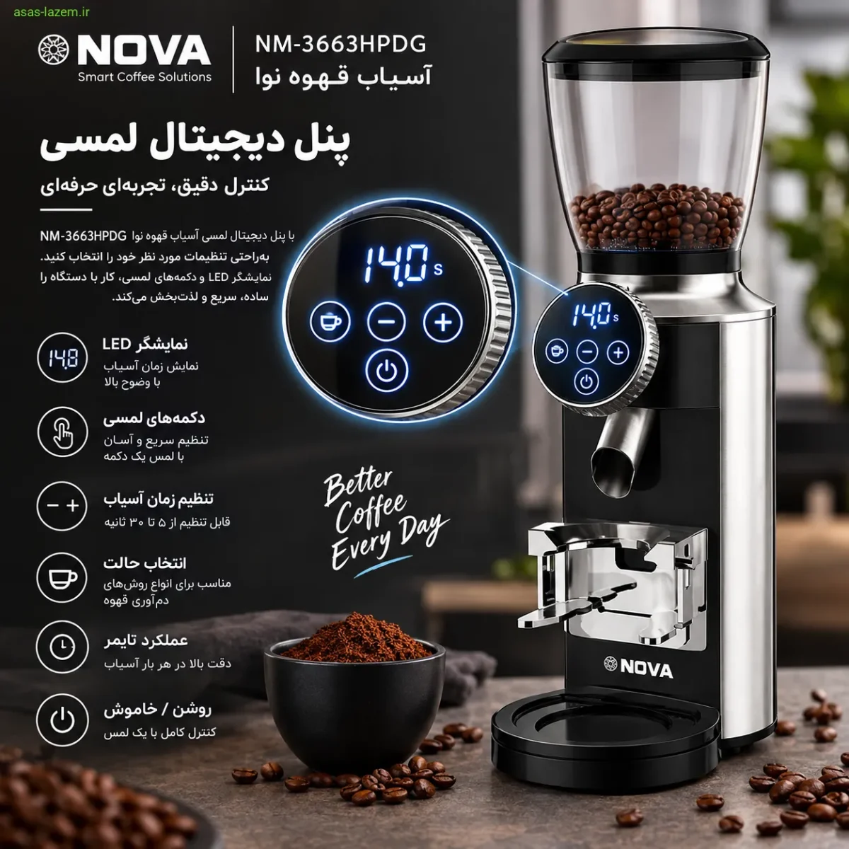 پنل دیجیتال لمسی آسیاب قهوه نوا NM-3663HPDG
