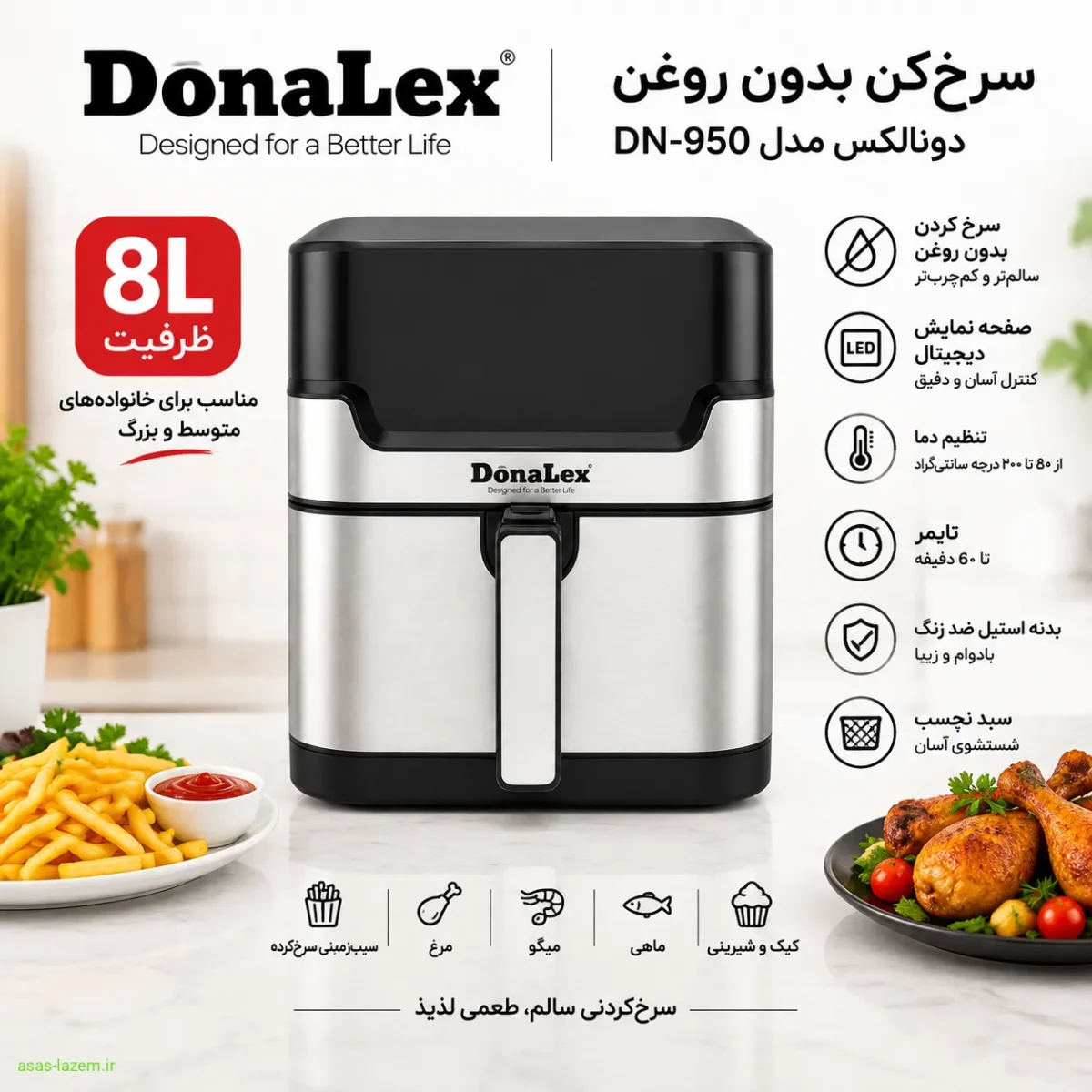 سرخکن دونالکس DN-950؛ نگاهی از نزدیک نمای کلی سرخکن ۸ لیتر دونالکس مدل DN-950