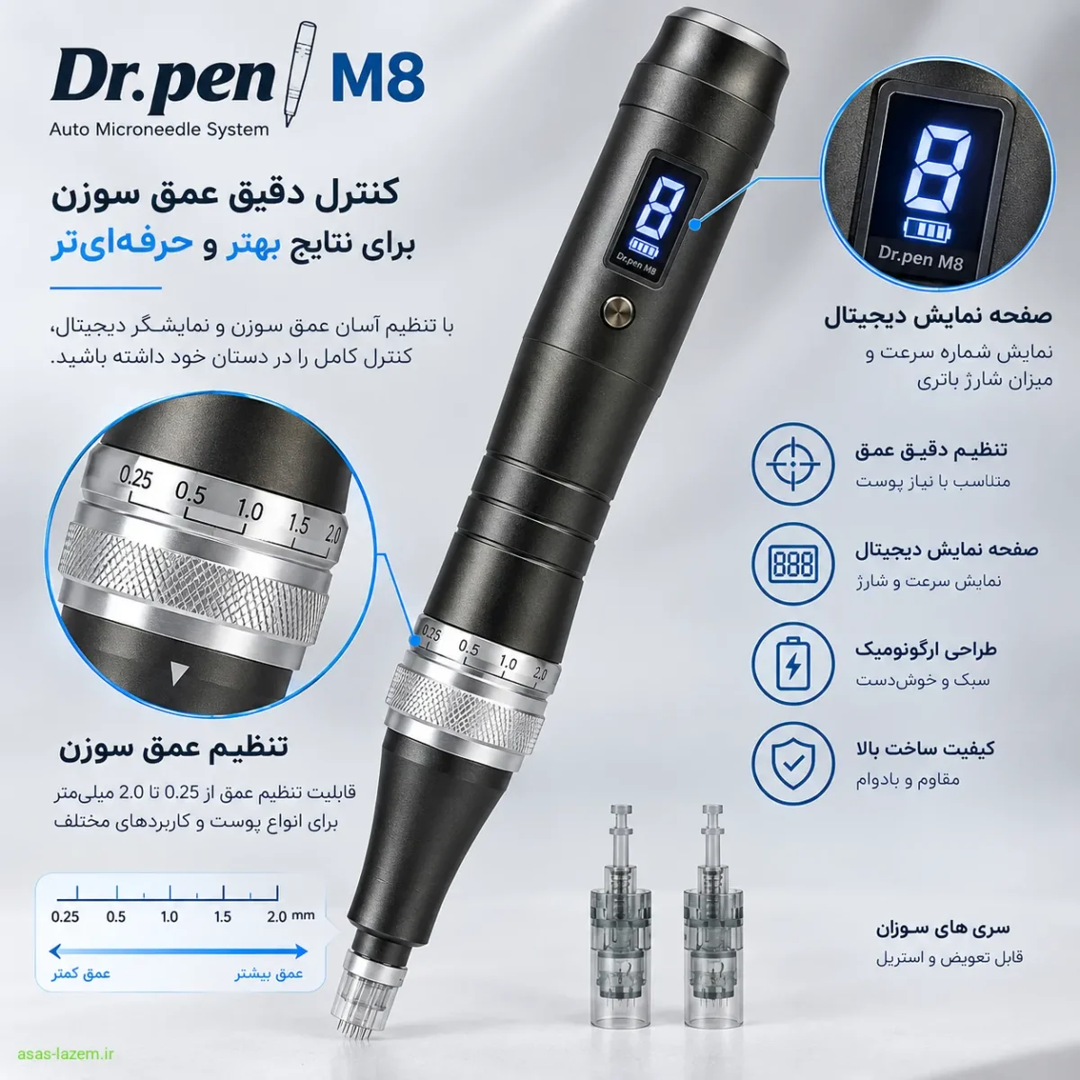 نمای نزدیک از تنظیم عمق سوزن و صفحه نمایش دیجیتال دستگاه Dr.Pen M8
