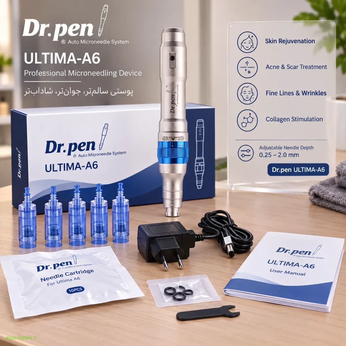 دستگاه میکرونیدلینگ دکترپن مدل ULTIMA-A6 به همراه لوازم جانبی روی میز