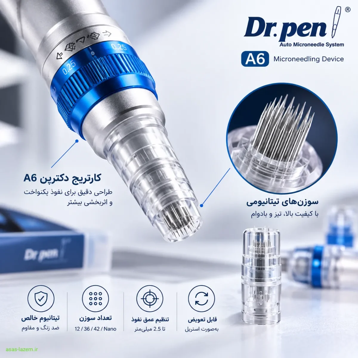 نمای نزدیک از کارتریج و سوزن های تیتانیومی دستگاه میکرونیدلینگ دکترپن A6