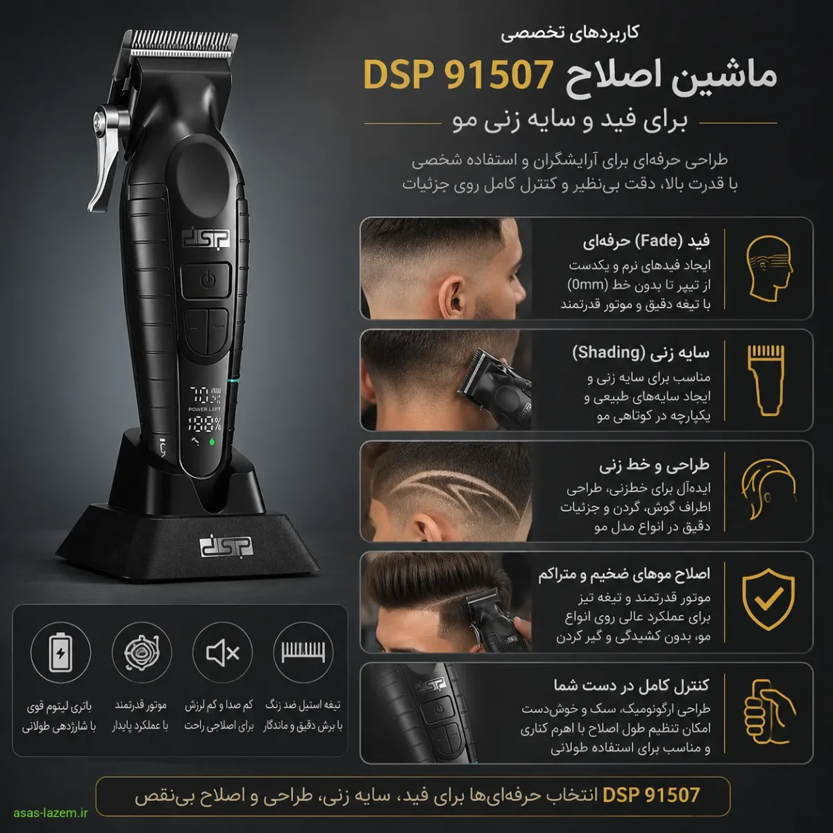 کاربردهای تخصصی ماشین اصلاح DSP 91507 برای فید و سایه زنی مو
