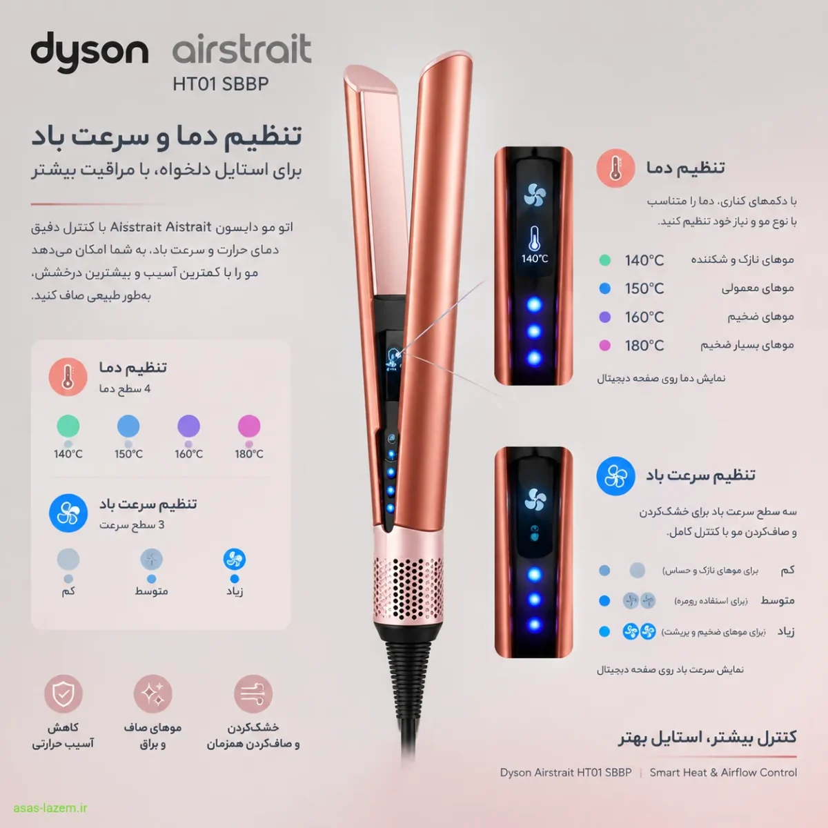 تنظیم دما و سرعت باد در اتو مو دایسون Airstrait HT01 SBBP