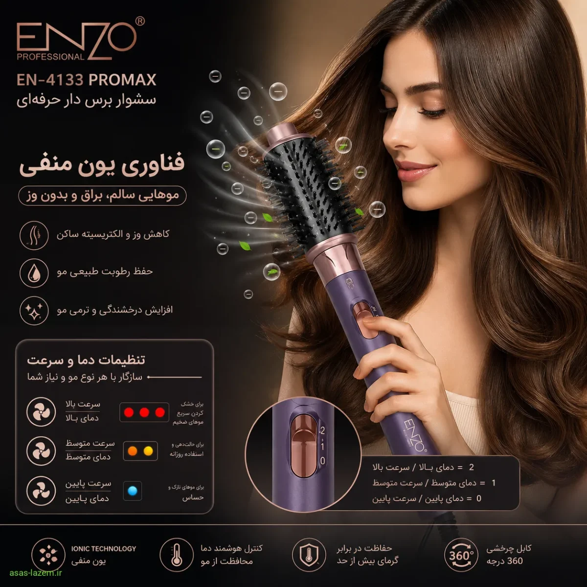 فناوری یون منفی و تنظیمات دما در سشوار برس دار انزو EN-4133promax