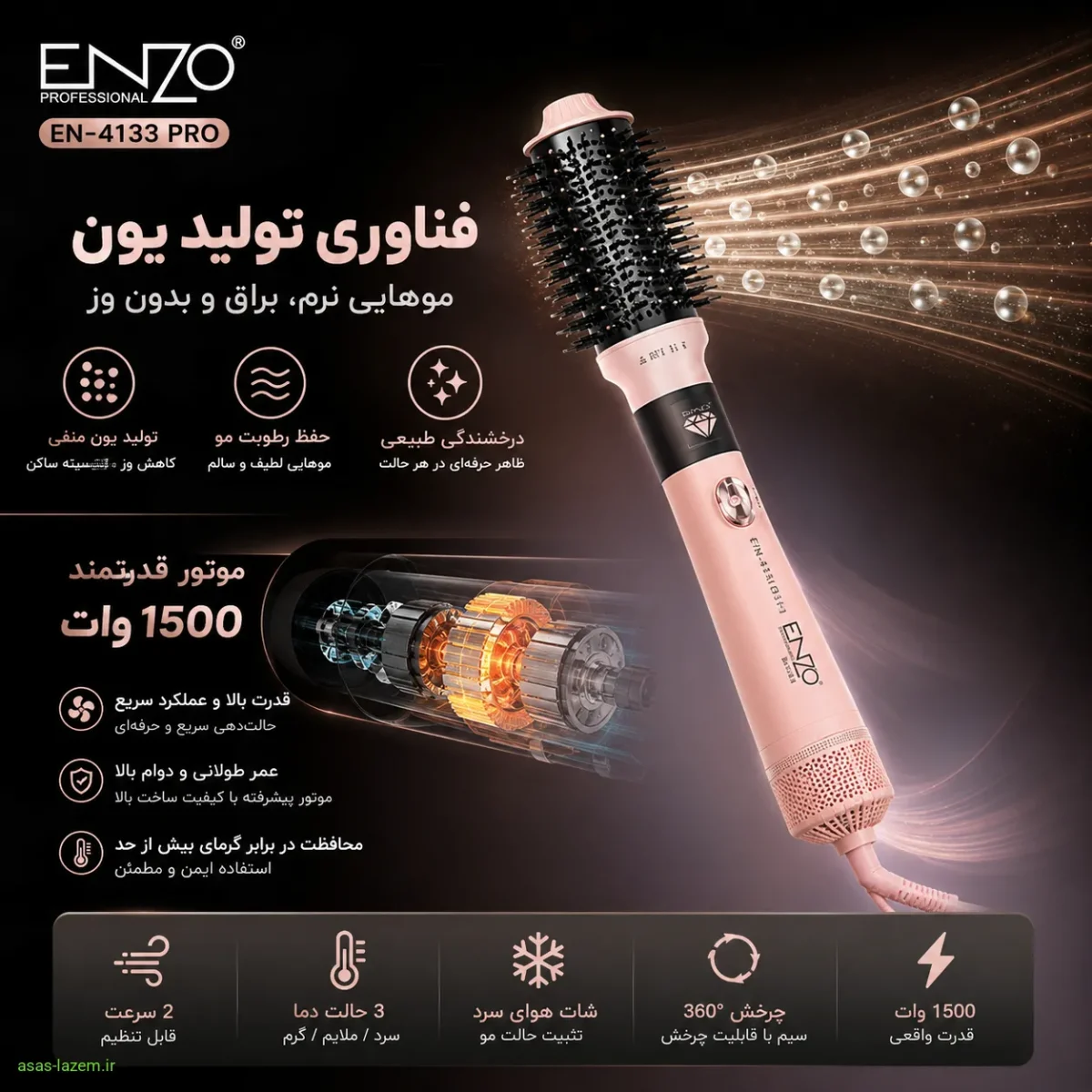 فناوری تولید یون و موتور قدرتمند 1500 وات سشوار انزو EN-4133 پرو