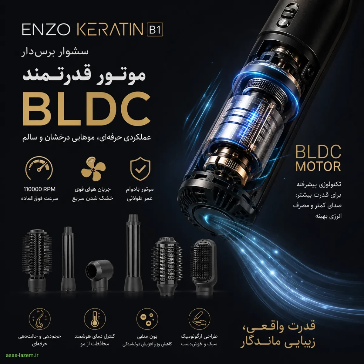 موتور قدرتمند BLDC سشوار برس‌دار انزو KERATIN B1