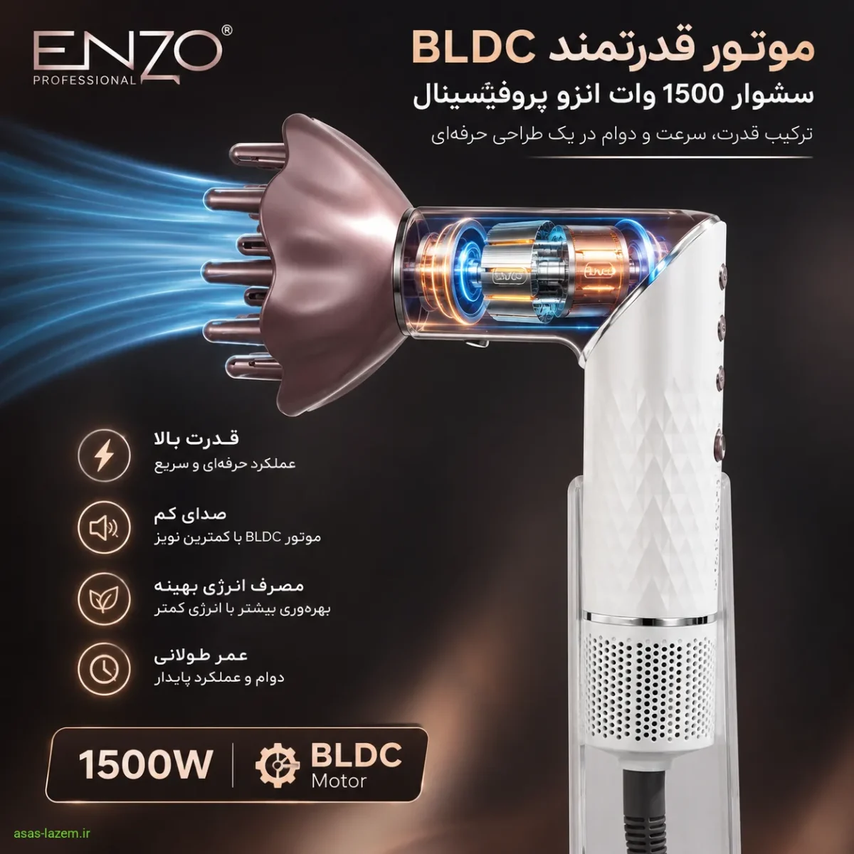 موتور قدرتمند BLDC سشوار 1500 وات انزو پروفیشینال