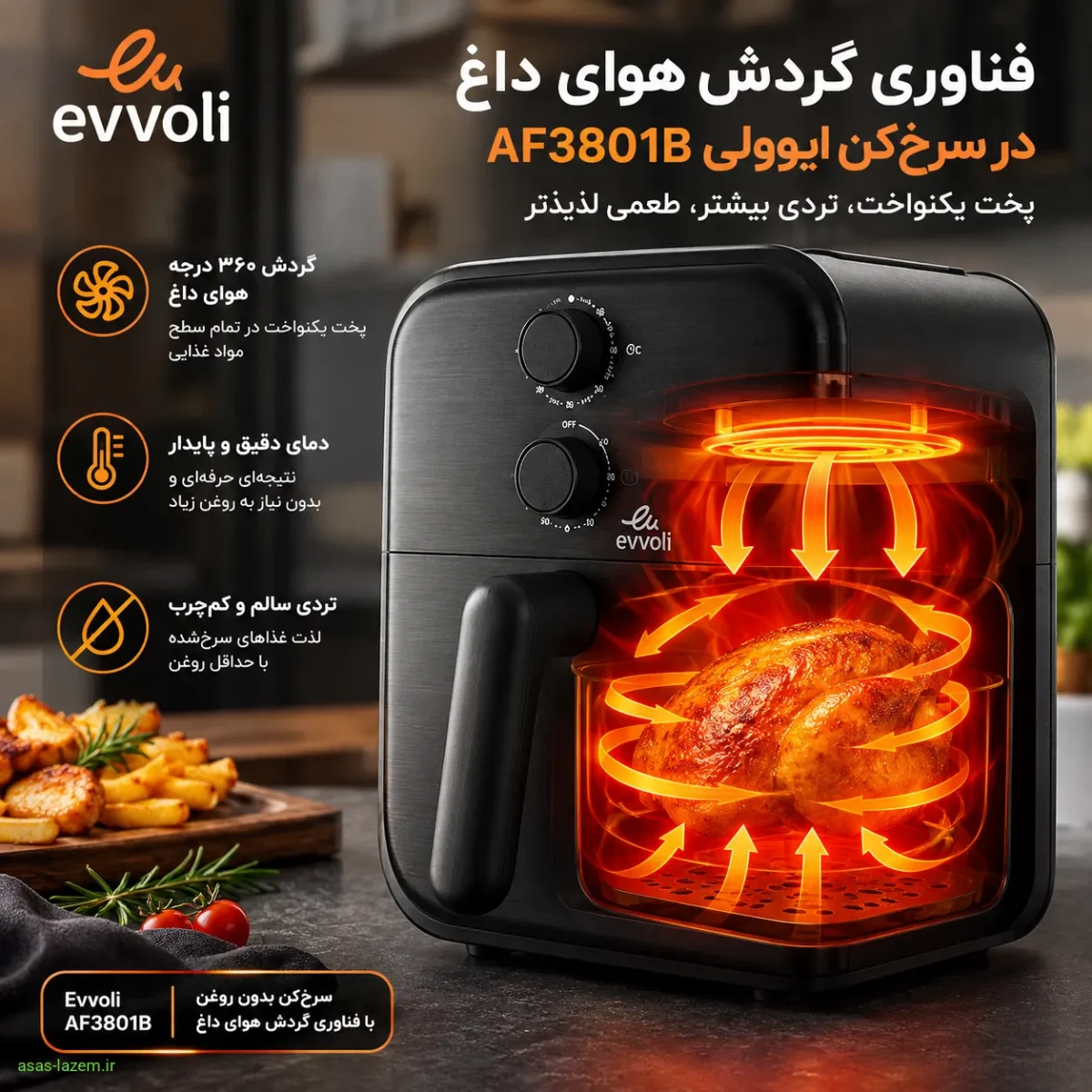 عملکرد گردش هوا در سرخکن ۴ لیتر ایوولی فناوری گردش هوای داغ در سرخکن ایوولی AF3801B