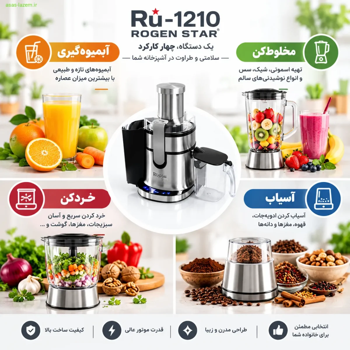 چهار کارکرد آبمیوه‌گیری روگن استار Rü-1210 شامل آبمیوه‌گیری، مخلوط‌کن، خردکن و آسیاب