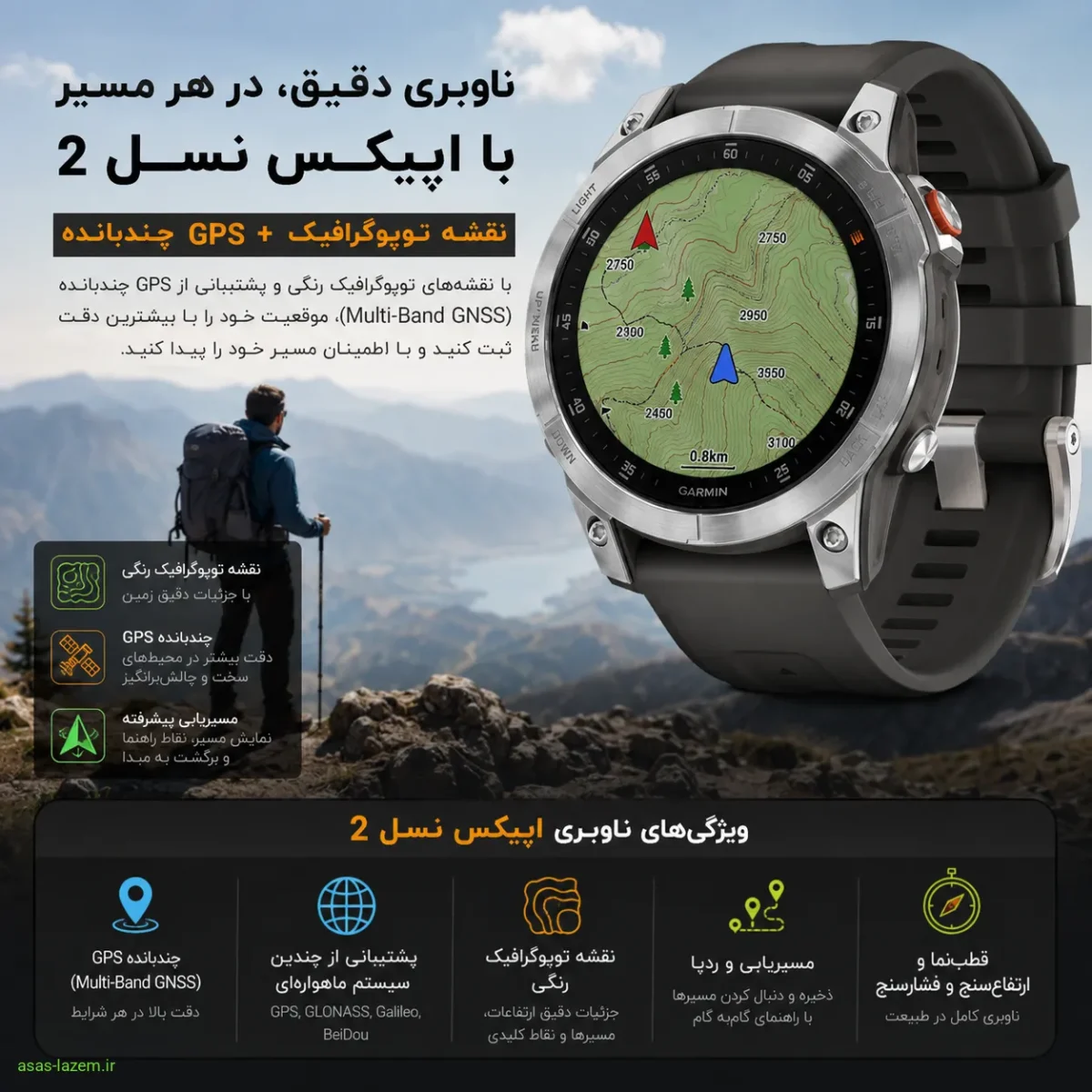 ناوبری نقشه توپوگرافیک و GPS چندبانده در ساعت هوشمند گارمین اپیکس جن 2