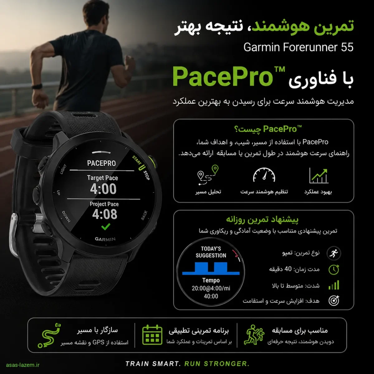 فناوری PacePro و تمرینات هوشمند Garmin Forerunner 55 استفاده از فناوری PacePro و پیشنهاد تمرین روزانه در ساعت گارمین فور رانر 55