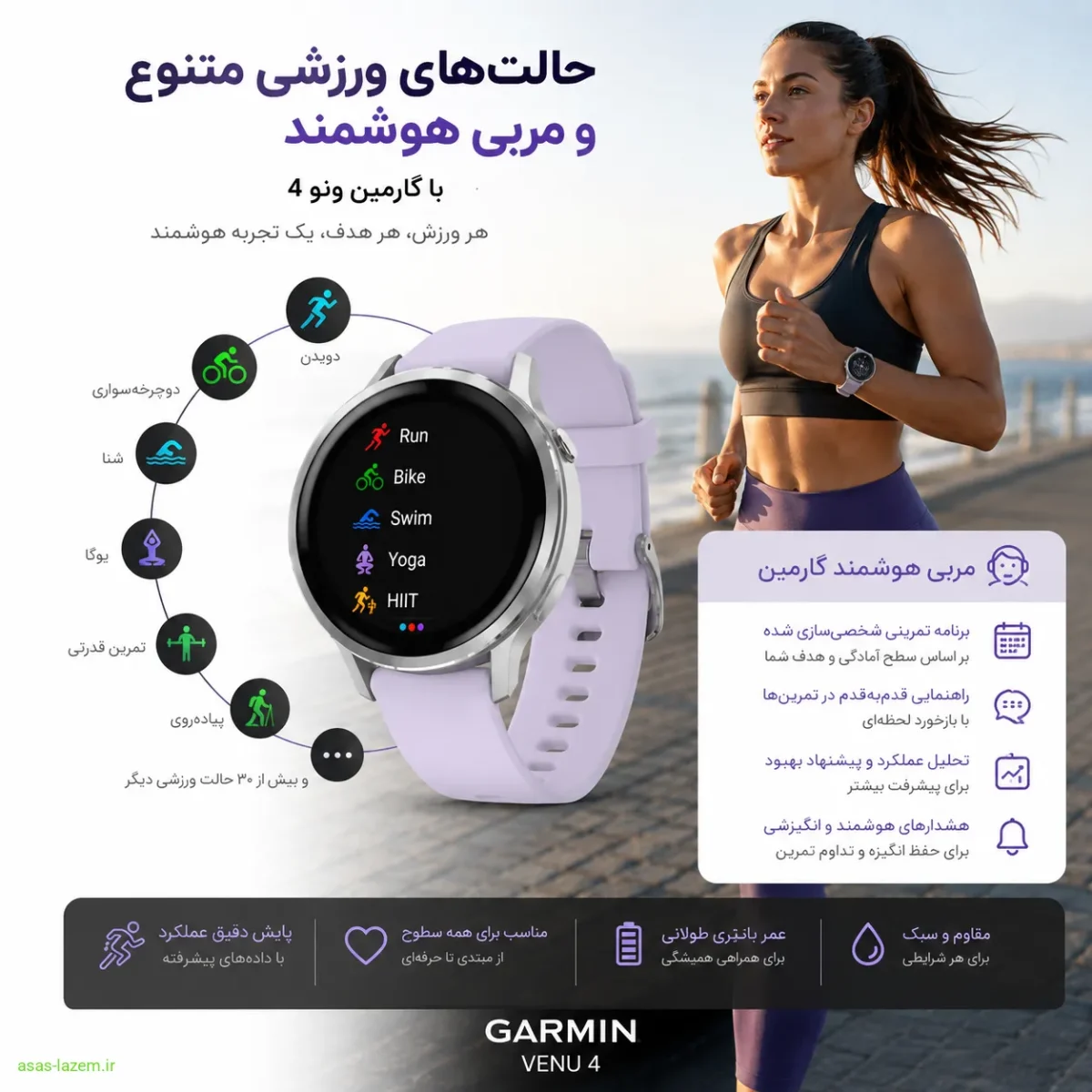 پشتیبانی از بیش از ۸۰ حالت ورزشی در Garmin Venu 4 41mm حالت های ورزشی متنوع و مربی هوشمند ساعت گارمین ونو 4