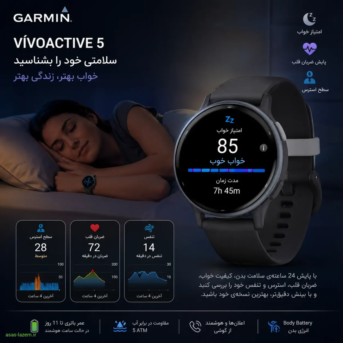 ابزارهای سلامتی و ردیابی خواب گارمین Vivoactive 5 مانیتورینگ سلامتی و امتیاز خواب در ساعت هوشمند گارمین ویوو اکتیو 5