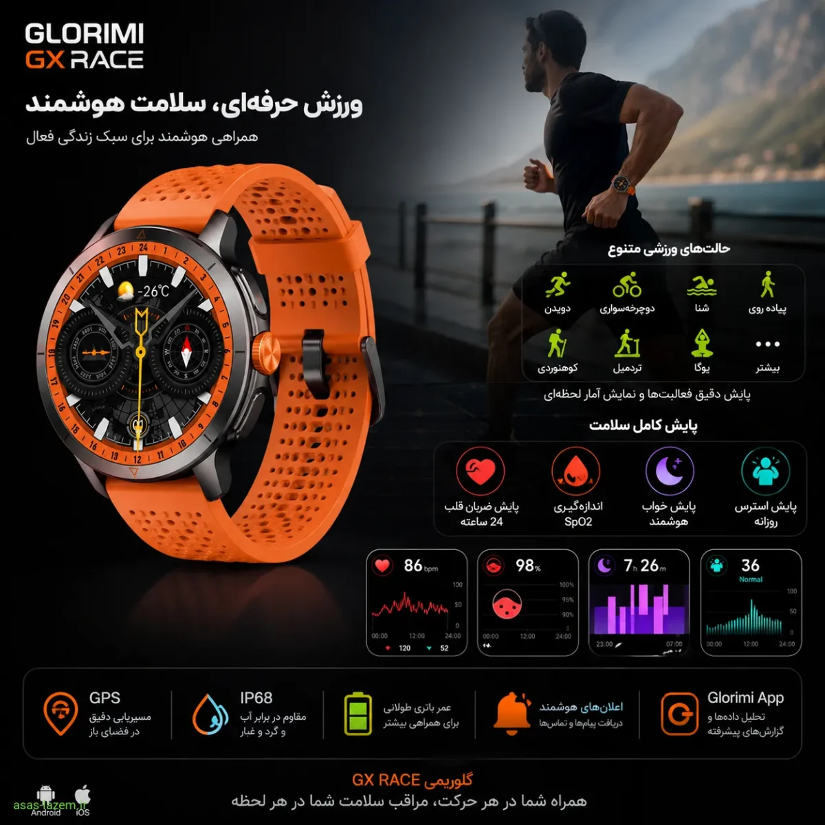 امکانات ورزشی و پایش سلامت ساعت هوشمند گلوریمی GX RACE