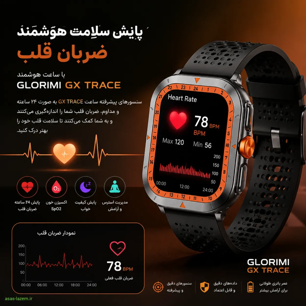 پایش سلامت و ضربان قلب در ساعت هوشمند گلوریمی GX TRACE