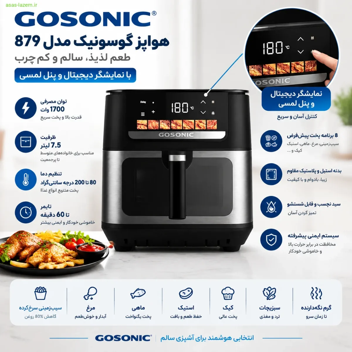 مشخصات فنی هواپز گوسونیک 879 با نمایشگر دیجیتال و پنل لمسی