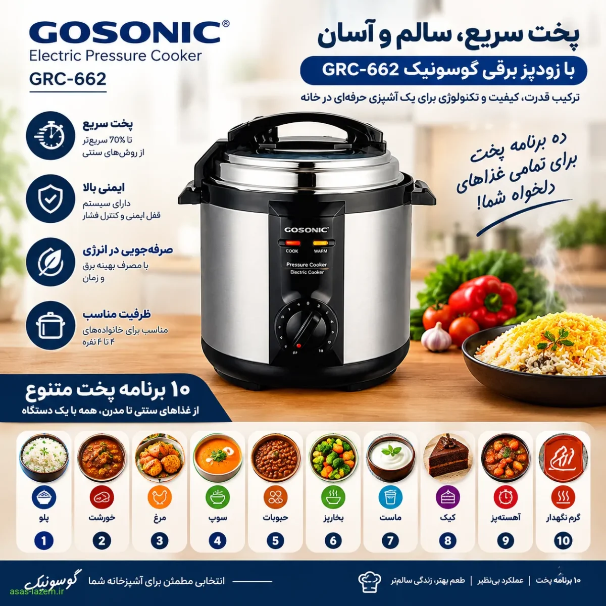 عملکرد و کارایی زودپز برقی گوسونیک GRC-662 با ده برنامه پخت