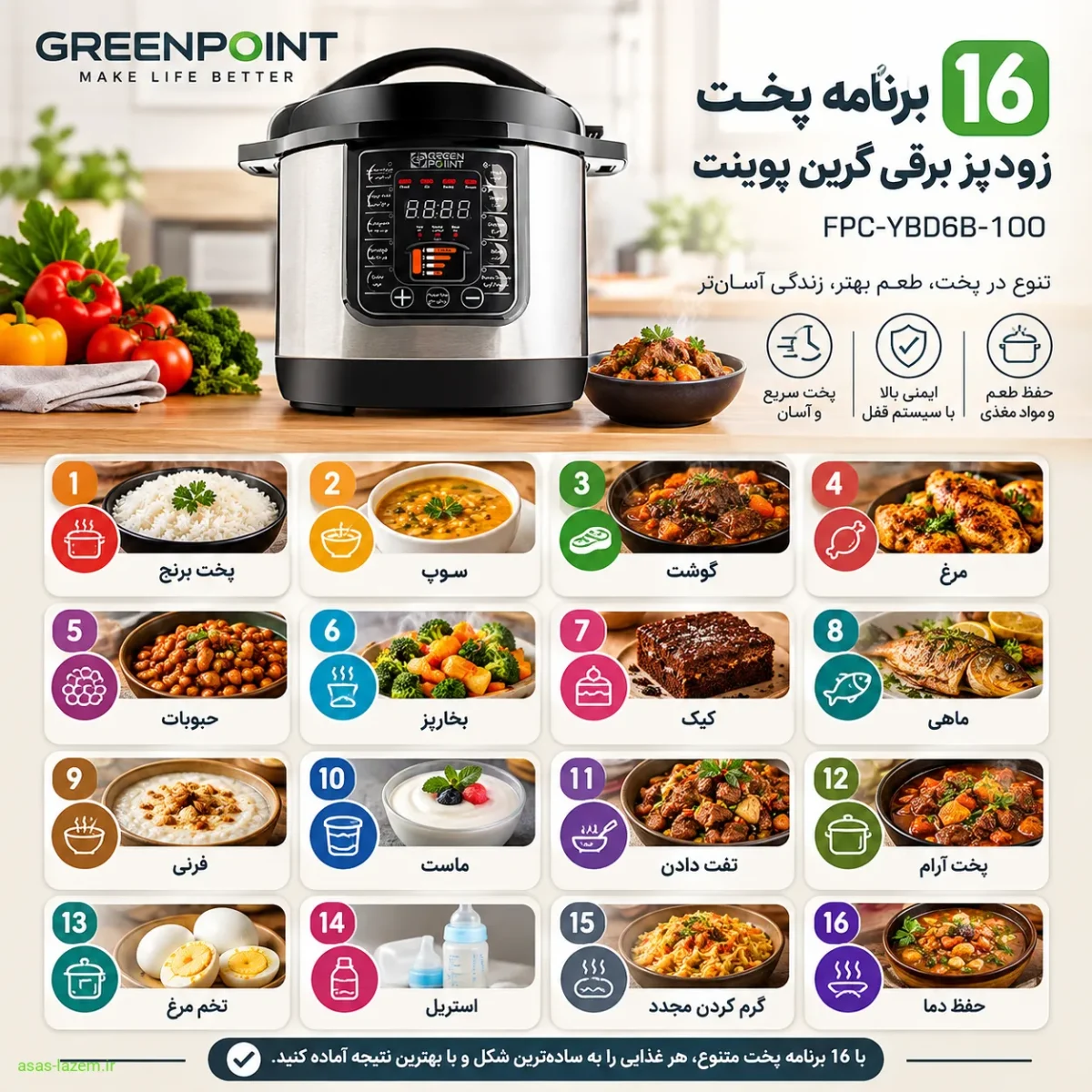 ۱۶ برنامه پخت زودپز برقی گرین پوینت FPC-YBD6B-100