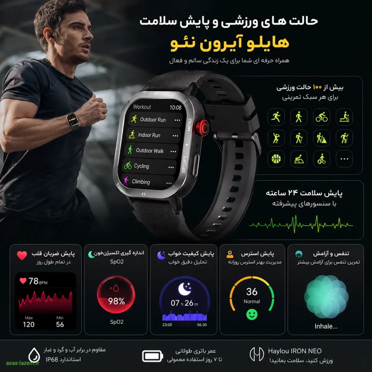 حالت های ورزشی و پایش سلامت ساعت هوشمند هایلو آیرون نئو